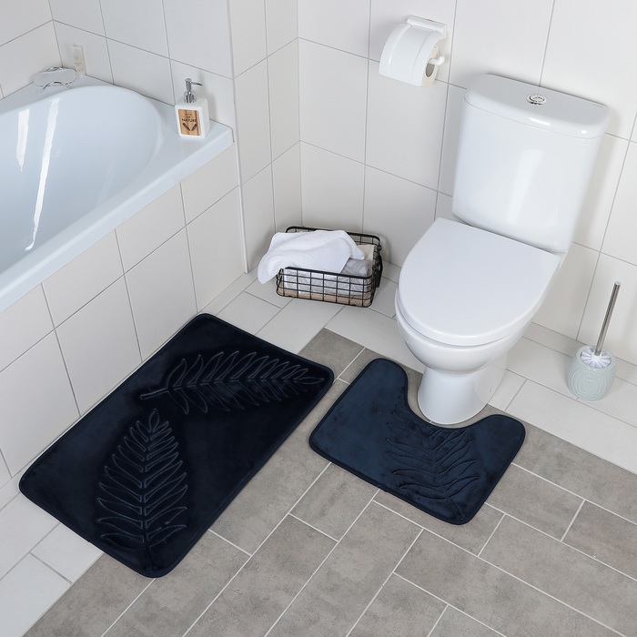 Набор ковриков для ванны и туалета Доляна «Тропики», 2 шт: 40×50, 50×80 см, цвет синий