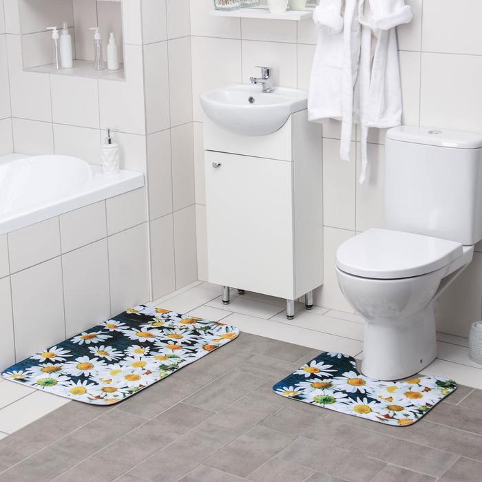 Набор ковриков для ванны и туалета Доляна «Ромашковое поле», 2 шт: 40×50, 50×80 см
